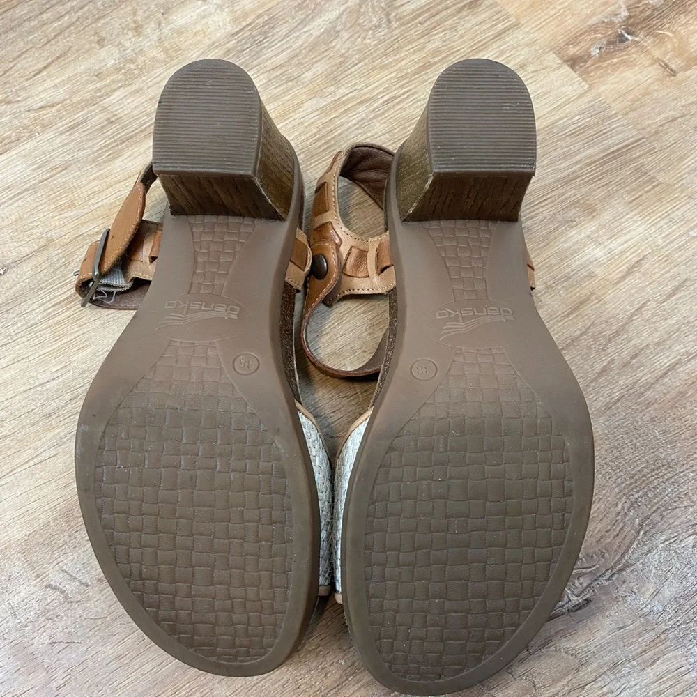 Dansko Tan Leather Sandals Wooden Block Heel Slingback Sandals Size 38 - Picture 6 of 8